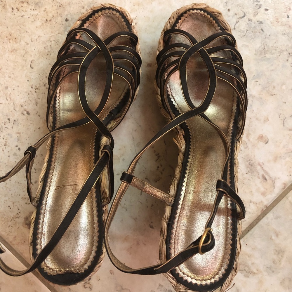 YSL Dk Brn Satin w/ Gold Accent wedge Sz40